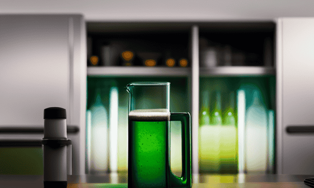 An image of a glass pitcher filled with vibrant green yerba mate, surrounded by a glistening layer of condensation