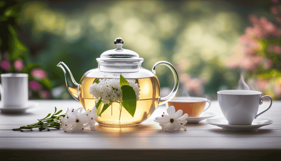 An image featuring a clear glass teapot filled with delicate elderflower blossoms immersed in steaming water, surrounded by a serene backdrop of a cozy tea room with soft lighting and a tranquil ambiance