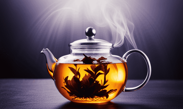 An image of a delicate glass teapot, filled with golden-hued Fire Oolong tea leaves, gracefully unfurling in water that glows with warmth