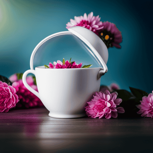 An image showcasing a delicate white porcelain teacup filled with herbal floral tea, surrounded by colorful blossoms and leaves