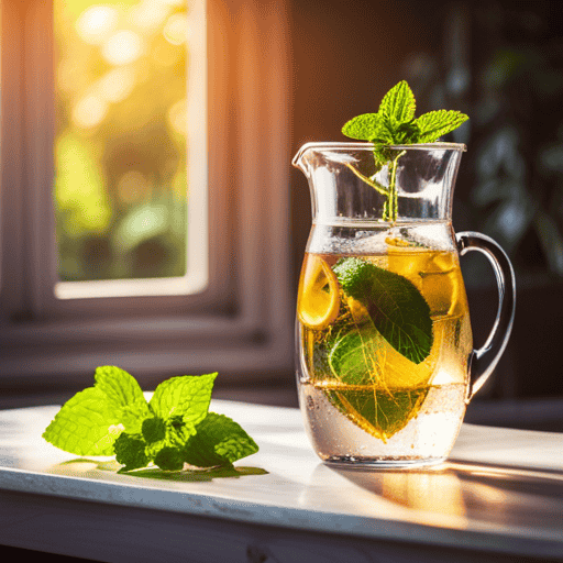 An image showcasing a clear glass pitcher filled with cool water, vibrant green mint leaves floating gracefully inside, as a delicate golden hour sunlight streams through a nearby window, casting enchanting shadows