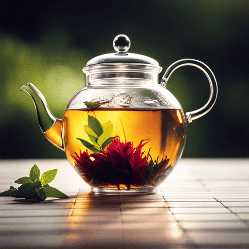 An image showcasing a serene scene with a glass teapot filled with vibrant herbal tea leaves, gently submerged in steaming water