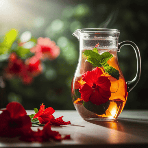 An image that showcases a clear glass pitcher filled with refreshing herbal tea, gently steeping in the fridge