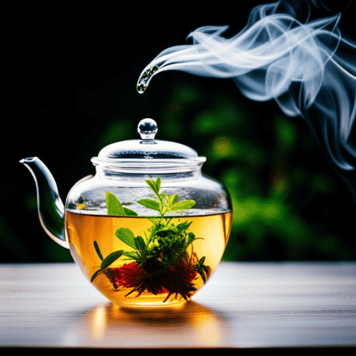 An image showcasing a vibrant teapot filled with freshly plucked herbs, radiating delicate steam as it steeps in a translucent glass teacup