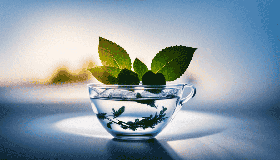 An image of a delicate porcelain teacup filled with fragrant, vibrant herbal tea leaves steeping in crystal-clear hot water