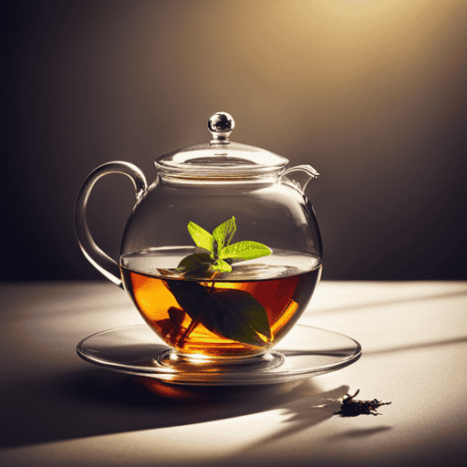 An image showcasing a serene scene of a delicate teapot with herbal tea leaves gently unfurling in a clear glass teacup