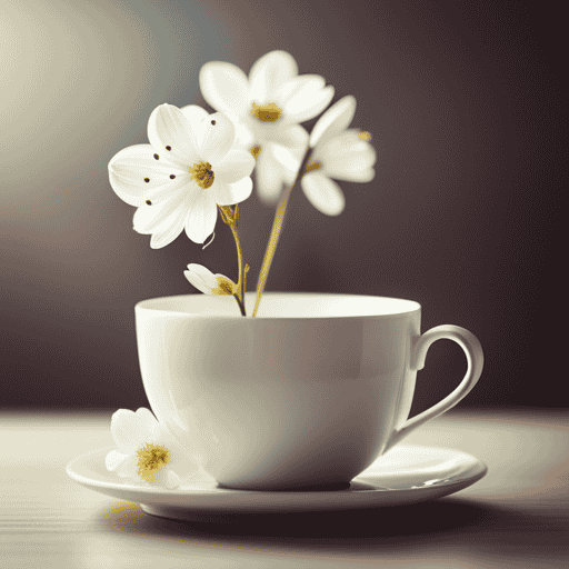 An image showcasing a delicate white porcelain teacup filled with pale golden liquid, enchanting jasmine flowers floating on the surface