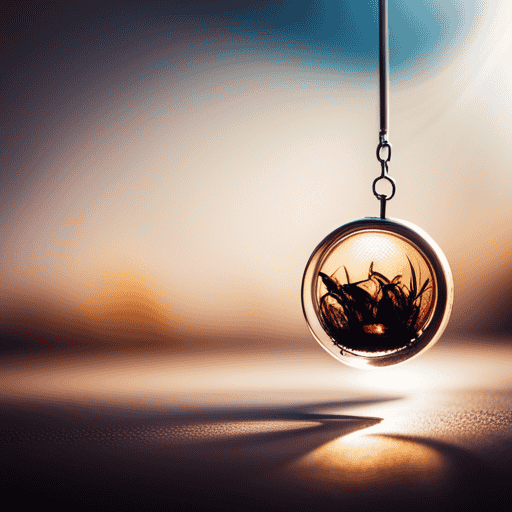 An image featuring a serene scene of a delicate tea infuser submerged in a steaming cup of vibrant loose leaf herbal tea, with wisps of fragrant steam gently rising and swirling around