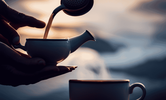 An image showcasing a serene teapot pouring a stream of delicate, golden-hued Milk Oolong Tao Tea into a porcelain cup