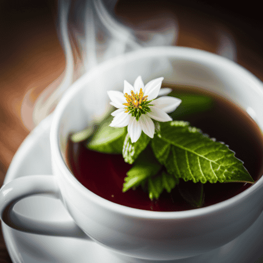 An image showcasing a delicate white teacup filled with vibrant nettle flower tea, gently steeping in hot water