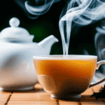An image showcasing a porcelain teapot filled with steaming water, a delicate oolong tea bag immersed halfway, a golden timer set to precisely 5 minutes, and a serene backdrop of blooming oolong tea leaves