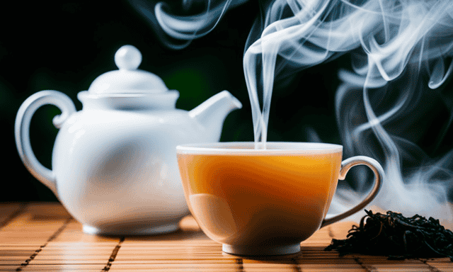 An image showcasing a porcelain teapot filled with steaming water, a delicate oolong tea bag immersed halfway, a golden timer set to precisely 5 minutes, and a serene backdrop of blooming oolong tea leaves