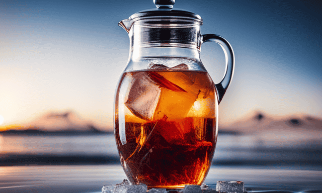 An image depicting a glass pitcher filled with vibrant red rooibos tea steeping in a clear ice bath, with a timer nearby displaying the perfect steeping time for refreshing and flavorful ice tea