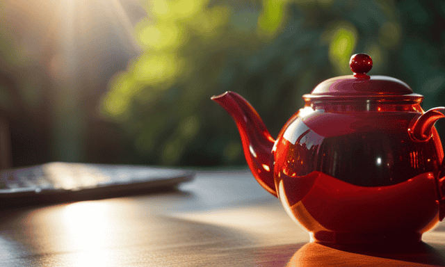 An image featuring a vibrant red ceramic teapot filled with steaming rooibos tea
