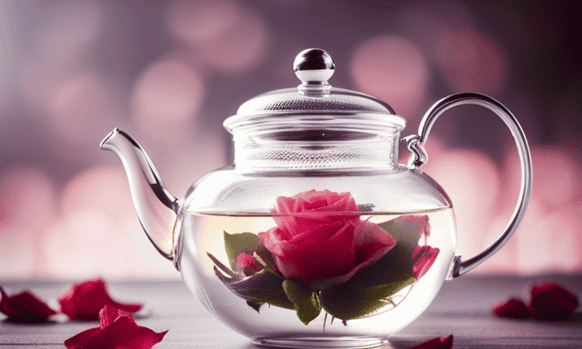 An image showcasing a delicate porcelain teapot, adorned with blooming rose petals, submerged in steaming water