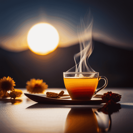 An image showcasing a steaming cup of Trader Joe's Ginger Turmeric Herbal Tea, its vibrant golden hue gently diffusing in hot water, capturing the essence of its exquisite blend and inviting readers to indulge in its aromatic steeping process