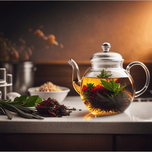 An image of a serene, minimalist kitchen scene with a transparent glass teapot filled with Trader Joe's herbal tea, vibrant herbs gently floating, and a vintage timer set to 5 minutes, capturing the essence of perfect steeping