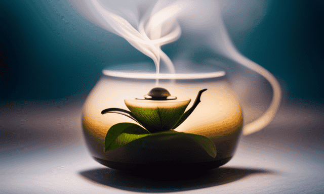 An image showcasing a steaming teapot on a delicate white china saucer, with a timer set to precisely 4 minutes and 30 seconds
