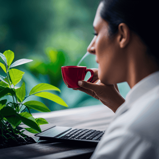 An image showcasing a serene morning scene: a person peacefully sipping a cup of Yogi Detox Tea, surrounded by lush greenery, with soft sunlight filtering through the leaves, hinting at the transformative effects of the tea