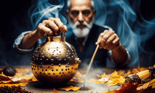 An image capturing the intricate process of making Yerba Mate: Hands gently cradling a hollowed-out gourd, golden leaves being poured with precision, steam rising, a metal straw poised for sipping