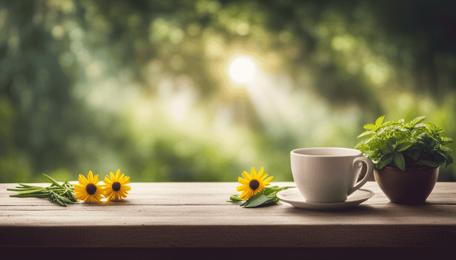 An image showcasing a serene, sunlit scene where a cup of herbal tea sits on a wooden table surrounded by fresh herbs, exuding a comforting aroma