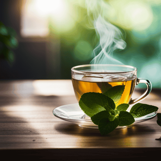 An image that showcases a steaming cup of peppermint herbal tea, with vibrant green leaves floating on its surface