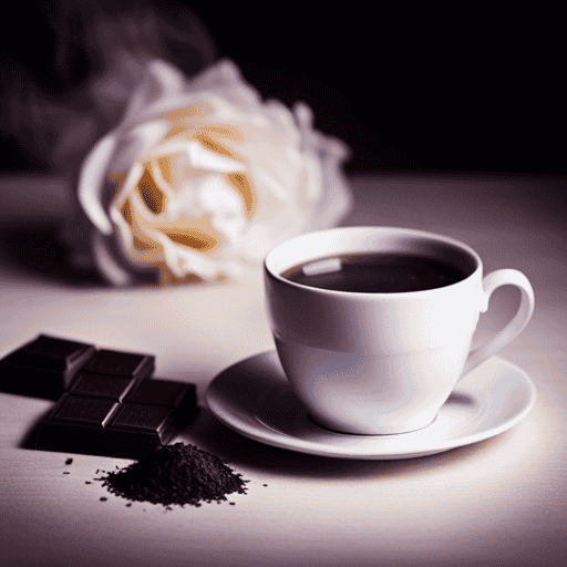An image showcasing a steaming cup of herbal tea, with a square piece of dark chocolate next to it