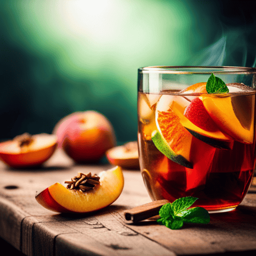 An image capturing a vibrant, steaming cup of Country Peach Herbal Tea, adorned with delicate peach slices and a sprig of fresh mint, exuding a refreshing and enticing aroma