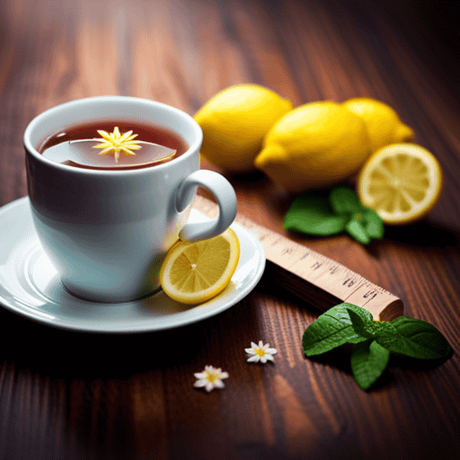 An image showcasing a vibrant, inviting cup of Fortune Delight herbal tea, adorned with fresh lemon slices and sprigs of mint, perfectly capturing its refreshing and calorie-conscious nature