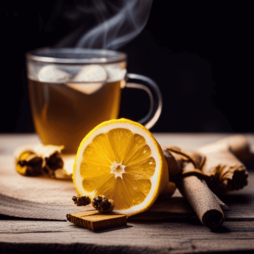 An image showcasing a steaming cup of herbal ginger tea, filled to the brim with golden liquid