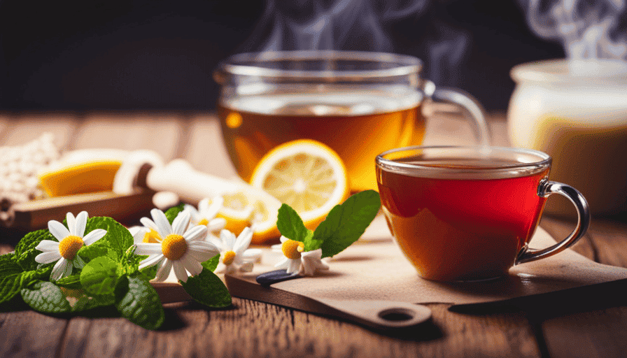 An image showcasing a steaming cup of herbal tea surrounded by a colorful array of fresh, natural ingredients like mint leaves, chamomile flowers, and lemon slices, evoking a sense of health and wellness