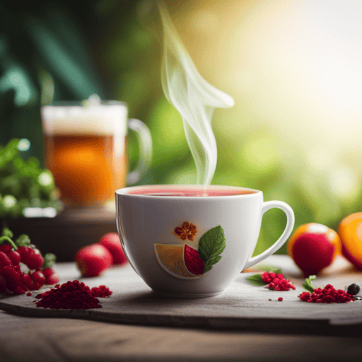 An image showcasing a vibrant, steaming cup of Herbalife tea, surrounded by a colorful array of fresh herbs and fruits