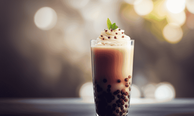 An image that showcases a tall glass of creamy oolong milk tea, filled with chewy boba pearls and topped with luscious pudding