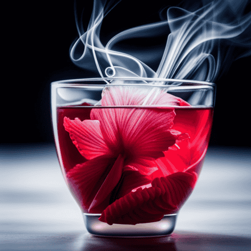 An image capturing the vibrant, ruby-red hue of a steaming cup of Republic of Tea Hibiscus Super Flower Tea, with delicate hibiscus petals floating gracefully amidst the swirls of steam