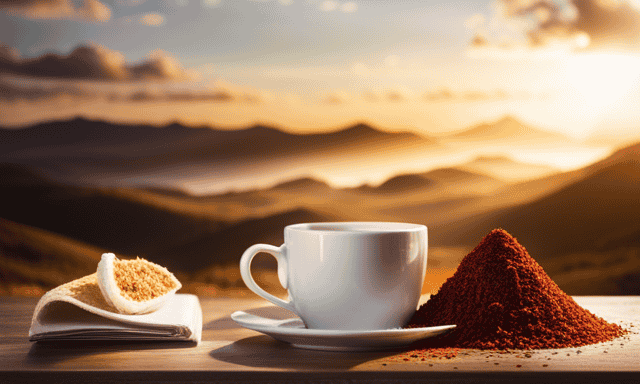 An image of a warm, steaming cup of vibrant red Rooibos tea, surrounded by a selection of calorie-rich foods