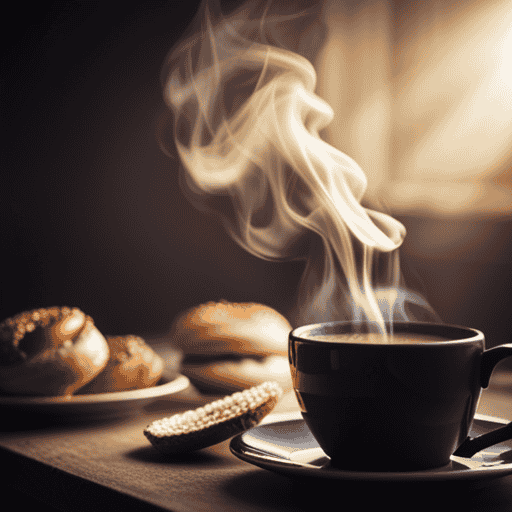 An image showcasing a steaming cup of Postum, its rich dark color contrasting with the pale background, surrounded by a variety of mouthwatering carb-rich foods like bagels, oats, and pastries