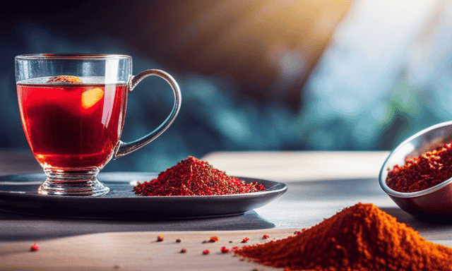 An image showcasing a steaming cup of ruby-red Rooibos tea, surrounded by a colorful array of wholesome, naturally sweet ingredients like berries, nuts, and spices, symbolizing the low carb content and deliciousness of this beloved beverage