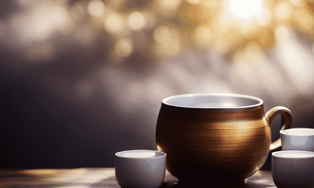 An image showcasing a serene morning scene, with a rustic wooden table adorned with delicate porcelain cups filled with aromatic oolong tea