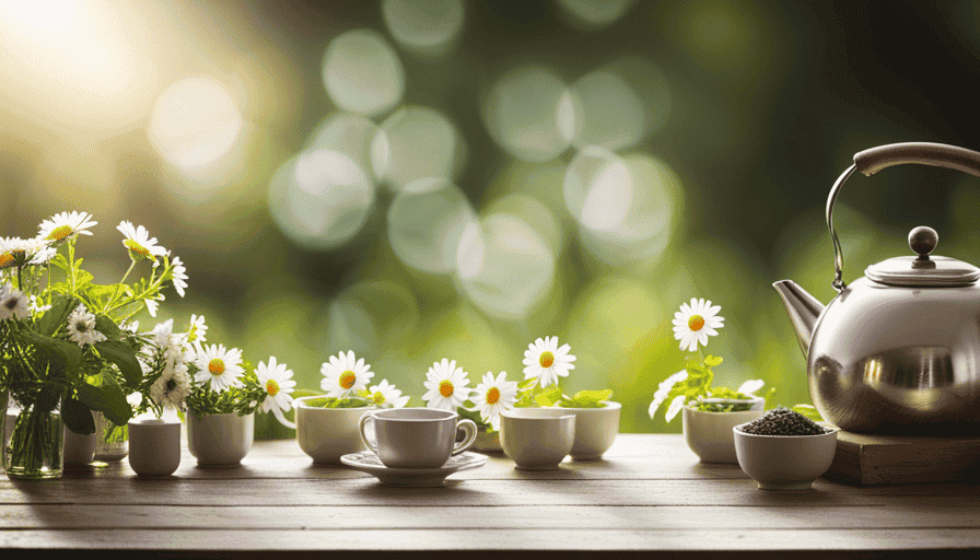 An image depicting a serene scene of a cozy wooden table with a kettle, a variety of herbal tea cups, and a delicate tea infuser, surrounded by blooming herbs and flowers, inviting viewers to ponder the question: How Many Cups Of Herbal Tea A Day? --v 5