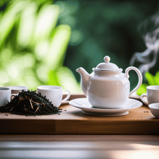 An image showcasing a serene setting with a wooden tray adorned with multiple cups of steaming herbal tea, each exuding a unique aroma, accompanied by a delicate teapot and a tranquil backdrop of lush greenery