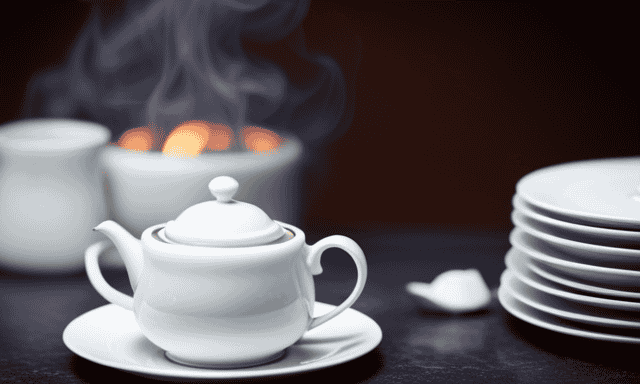 An image that showcases a serene, minimalist kitchen counter adorned with an elegant teapot, accompanied by several dainty teacups filled with steaming Oolong tea, enticing readers to explore the health benefits of this delightful brew