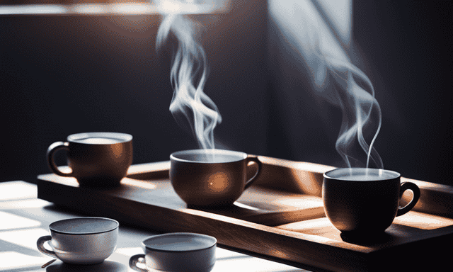 An image showcasing a serene, minimalist setting with a wooden tray holding three delicate porcelain cups filled with steaming oolong tea