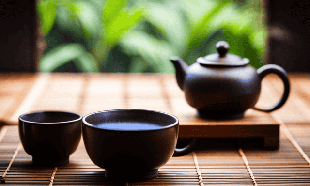 An image showcasing a serene tea ceremony scene with a table adorned with three delicate teacups filled with steaming Oolong tea, complemented by a graceful teapot and a lush backdrop of tea leaves