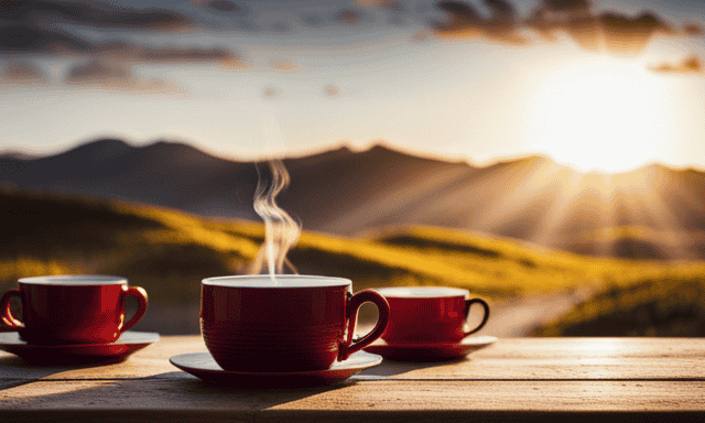 E the essence of a serene morning ritual with a captivating image featuring a rustic wooden table adorned with delicate porcelain cups filled with steaming rooibos tea, basking in the warm glow of the rising sun