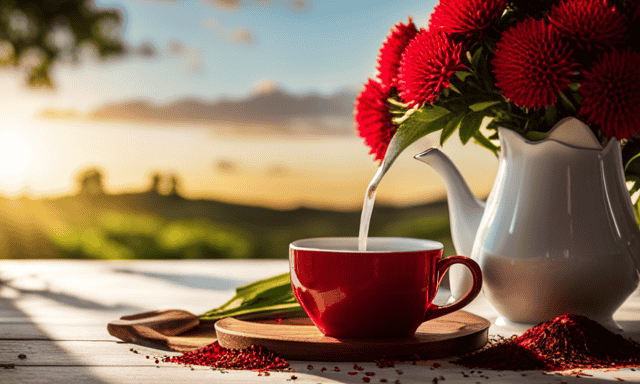An image showcasing a serene, sunlit scene with a cozy teapot pouring a vibrant red cup of Rooibos tea into a delicate porcelain cup, surrounded by a lush bouquet of Rooibos leaves and a rustic wooden tray