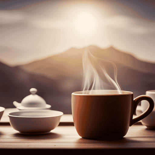An image featuring a serene, cozy setting with a steaming cup of Yogi Ginger Tea surrounded by a collection of empty tea cups, gradually increasing in number