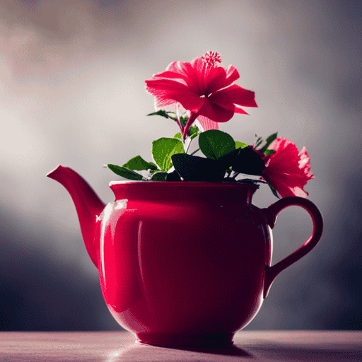 An image of a vibrant hibiscus plant with delicate crimson flowers in full bloom, immersed in a teapot surrounded by steaming cups, inviting readers to explore the enchanting process of brewing hibiscus tea