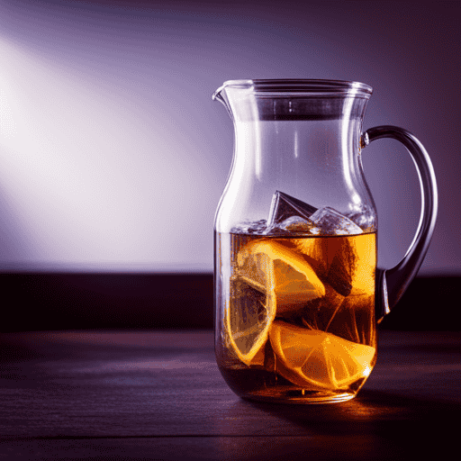 An image featuring a half-gallon glass pitcher filled with iced herbal tea