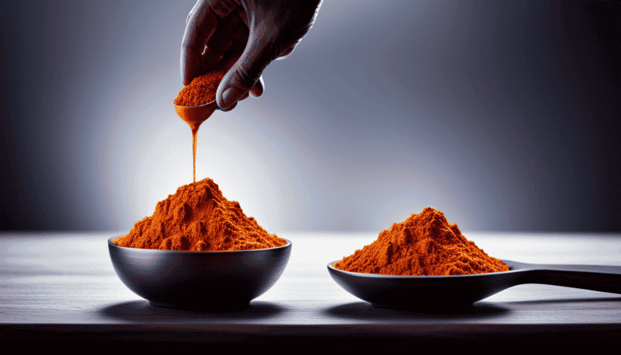 An image capturing the vibrant orange hue of turmeric powder gently cascading from a measuring spoon into a teaspoon, showcasing the precise measurement conversion of milligrams to teaspoons
