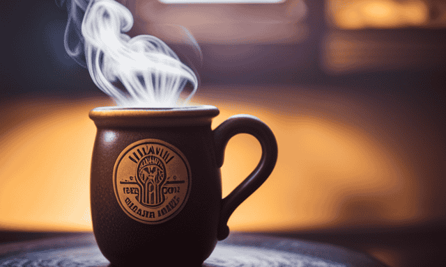 An image depicting a steaming cup of Guayaki Yerba Mate in a vibrant, earthy-hued ceramic mug, showcasing its rich aroma and invigorating appeal